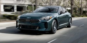 left front angle view of a green 2023 Kia Stinger | Lanham, MD