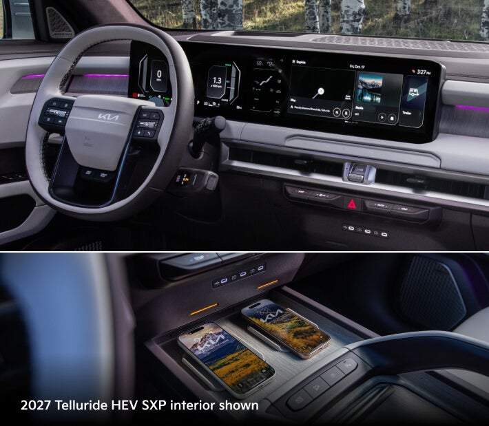 2027 Kia Telluride HEV SXP close up of steering wheel and center console
