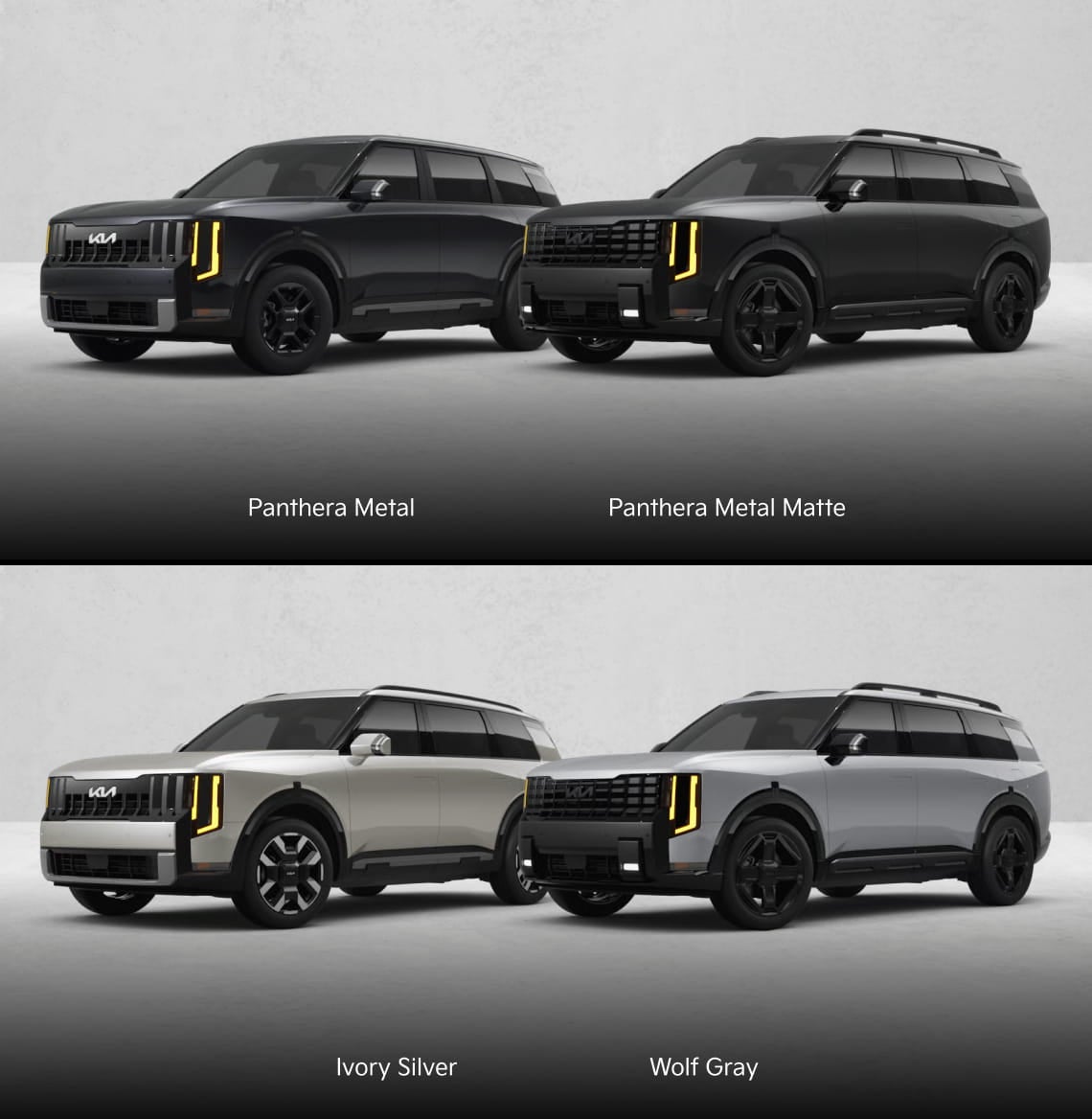 2027 Kia Telluride shown in Panthera Metal, Panthera Metal Matte, Ivory Silver, and Wolf Gray exterior colors.