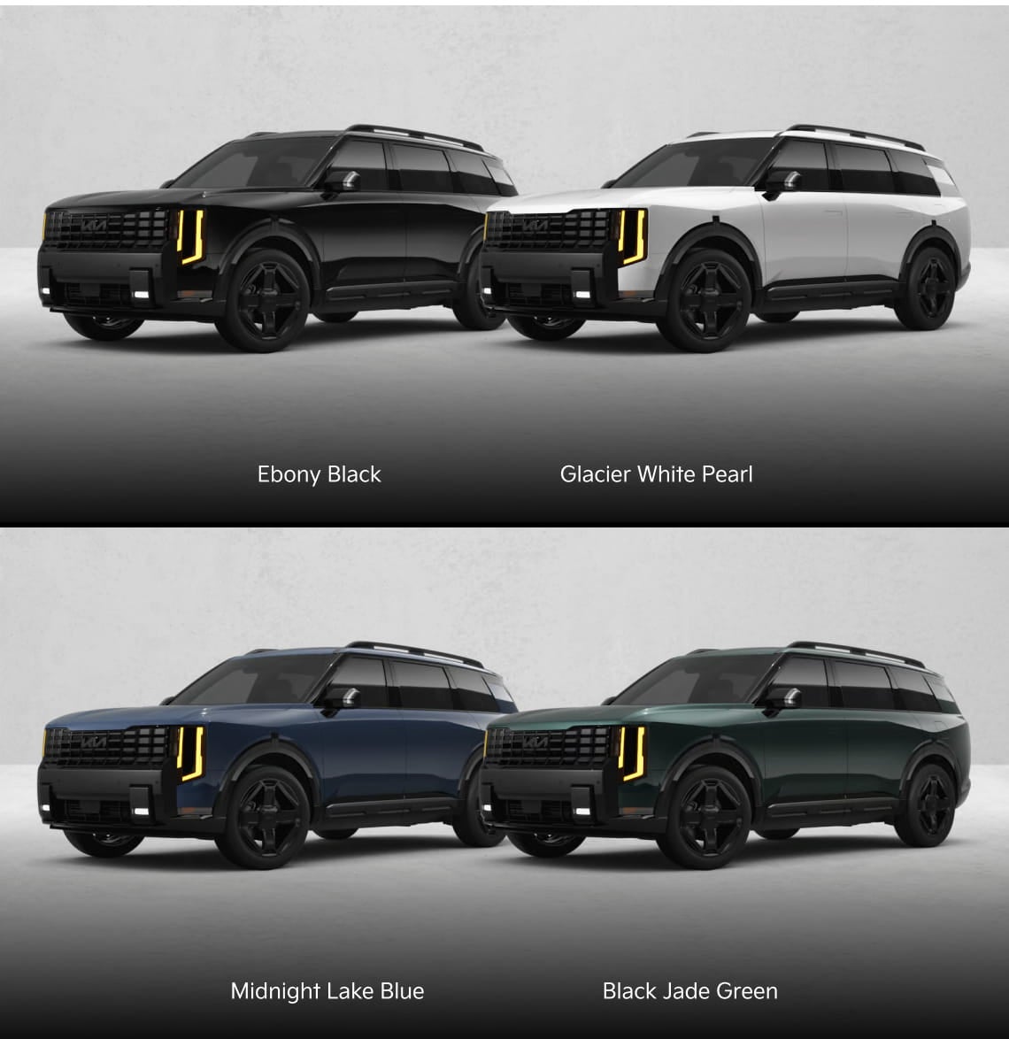2027 Kia Telluride shown in Ebony Black, Glacier White Pearl, Midnight Lake Blue, and Black Jade Green exterior colors.