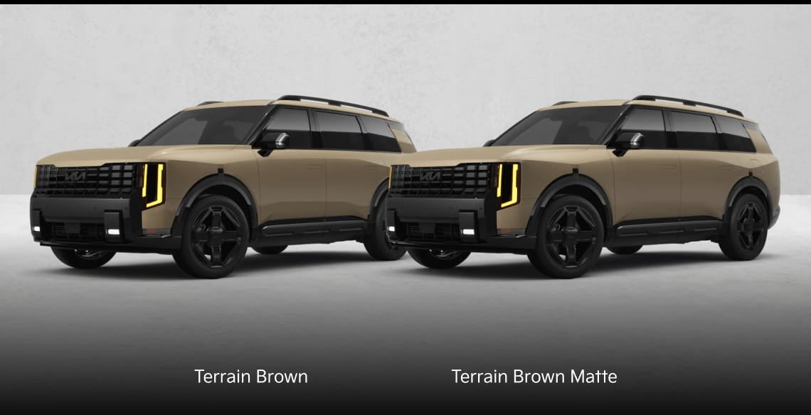 2027 Kia Telluride shown in Terrain Brown and Terrain Brown Matte exterior colors.
