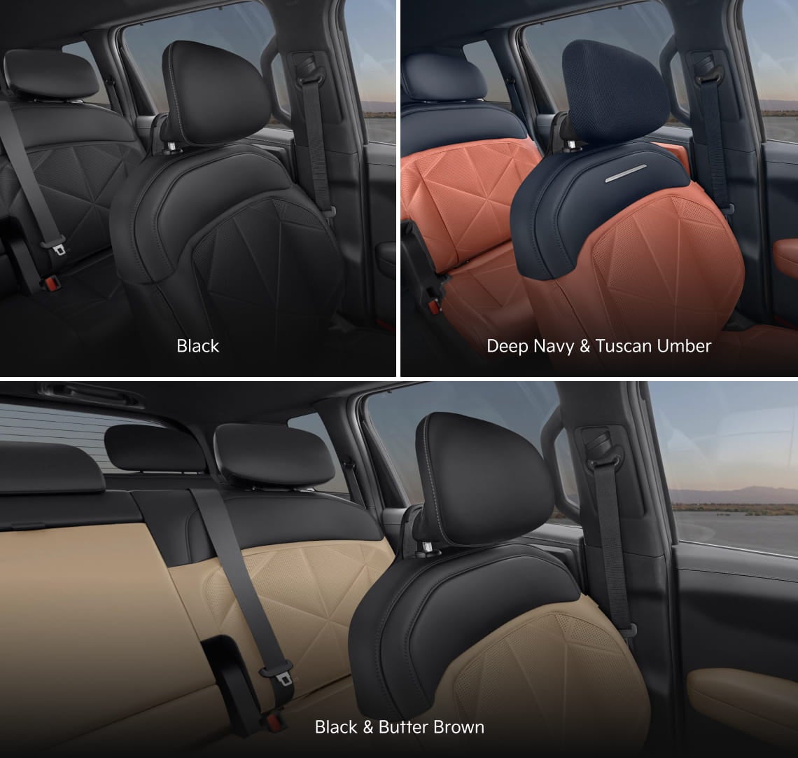 2027 Kia Telluride interior shown in Black, Deep Navy & Tuscan Umber, and Black & Butter Brown color options.